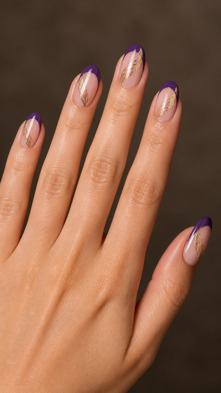 Golden Feather Accent on Purple French Tips