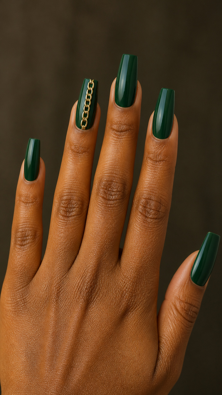Gold Chain Link Accent on Emerald Coffin Nails