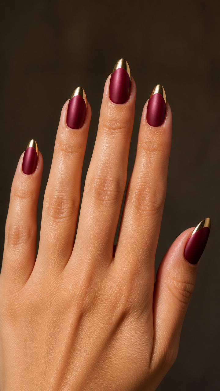Frosted Burgundy Base with Gold Chrome Tips