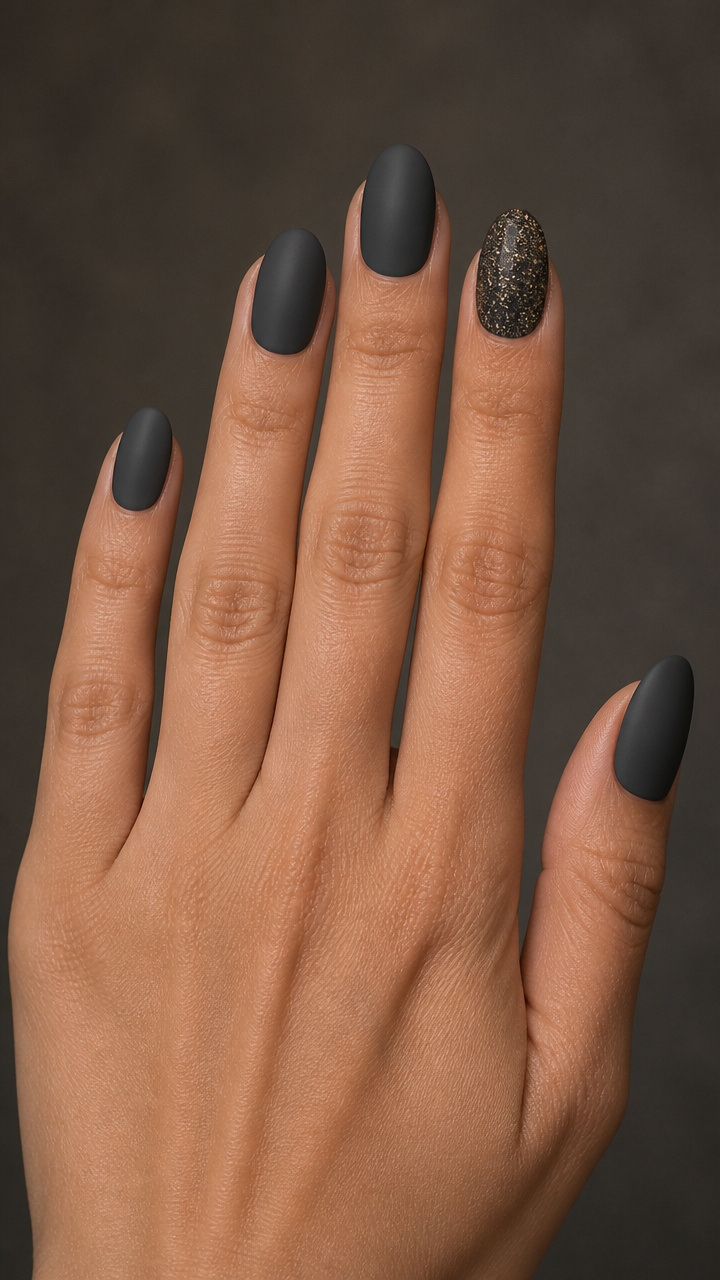 Matte Charcoal Nails with Gold Micro Glitter Accents