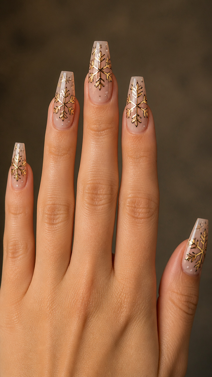 Coffin Nails with Gold Leaf Snowflake Art