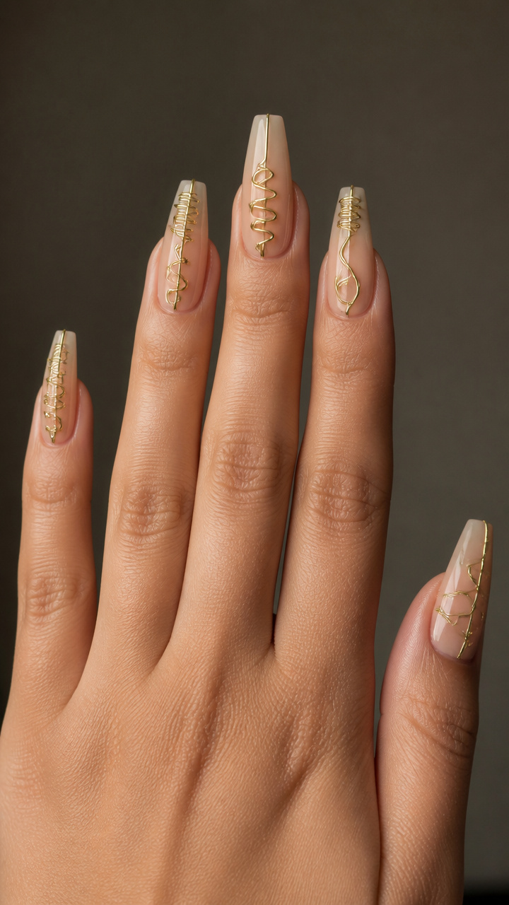 Nude Coffin Nails with Gold Wire Embellishments