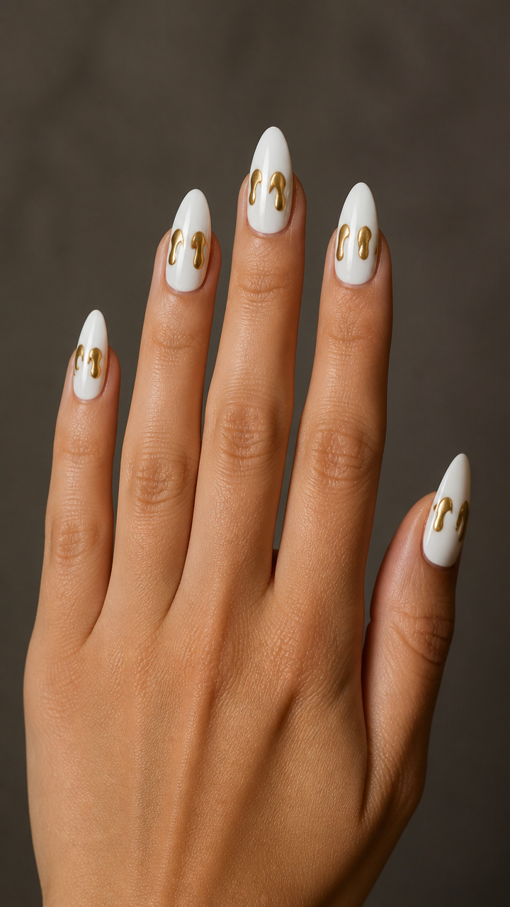 White Almond Nails with Gold Drip Detail