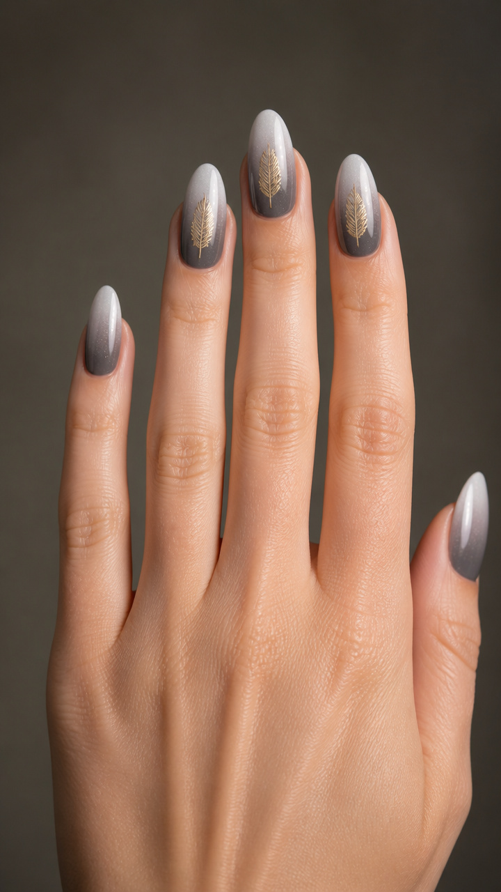 Silver-Gray Ombre with Gold Feather Stamping