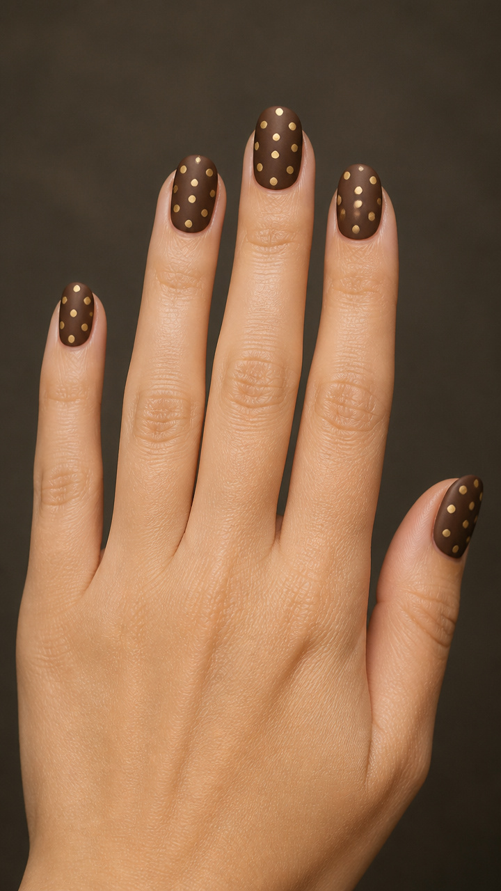 Chocolate Brown Matte Top Coat with Gold Polka Dots