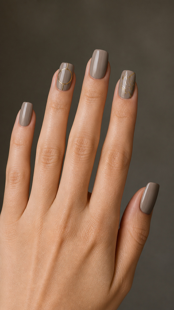 Taupe Square Nails with Minimalist Gold Line Art