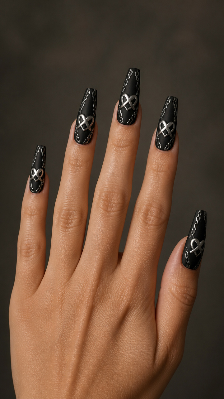 Coffin Nails with Silver Crossed Hearts and Chains