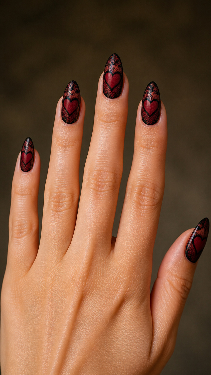 Sheer Black Lace Over Crimson Hearts