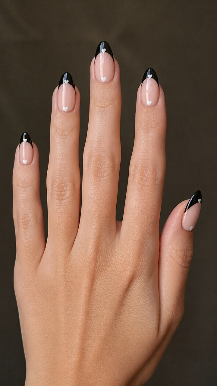 Glossy Jet Black Tips with Tiny White Heart Cutouts