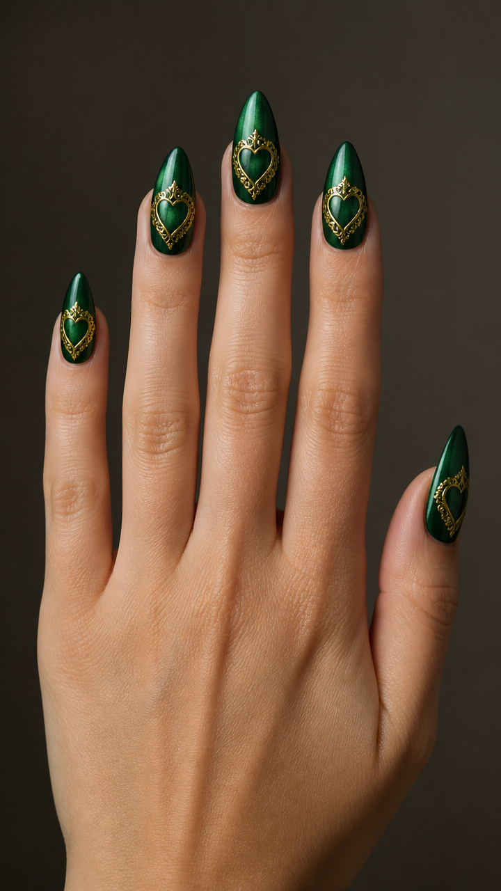 Deep Emerald Green with Gold Filigree Heart Frames