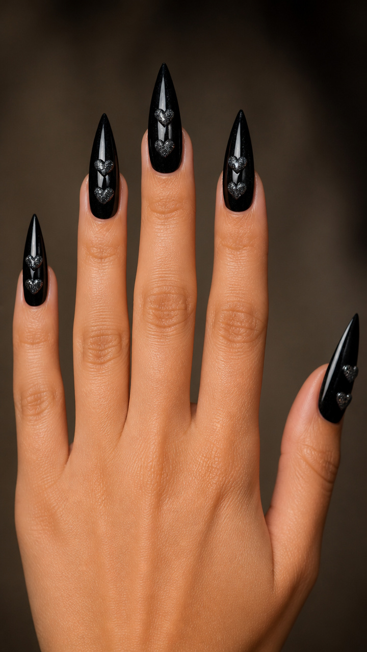 Long Stiletto Nails with Glittering Obsidian Hearts