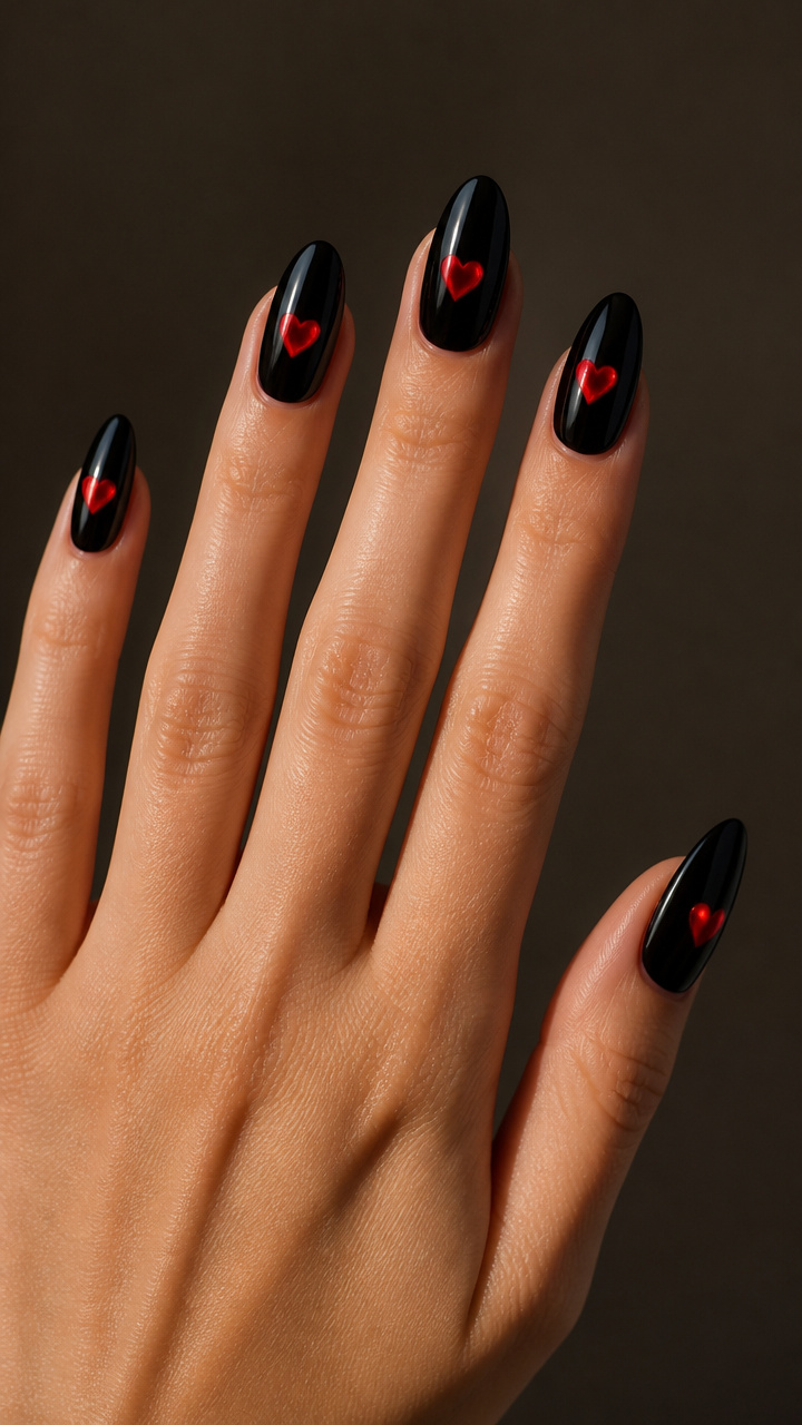 All-Black Nails with Hidden UV-Reactive Hearts
