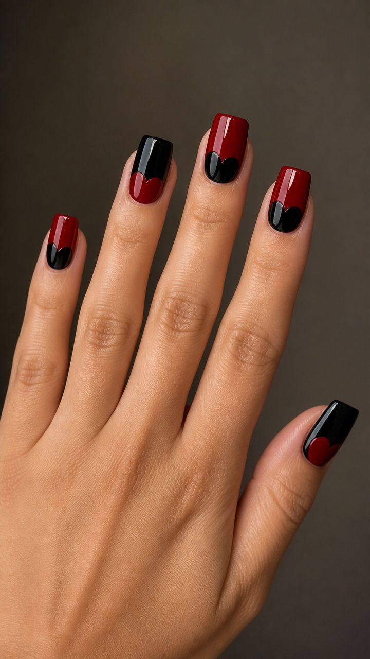 Asymmetrical Half-Moon Hearts in Crimson and Onyx
