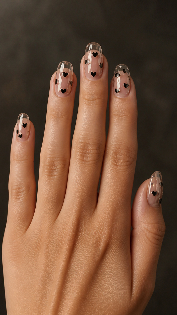 Clear Gloss Tips with Suspended Black Heart Confetti
