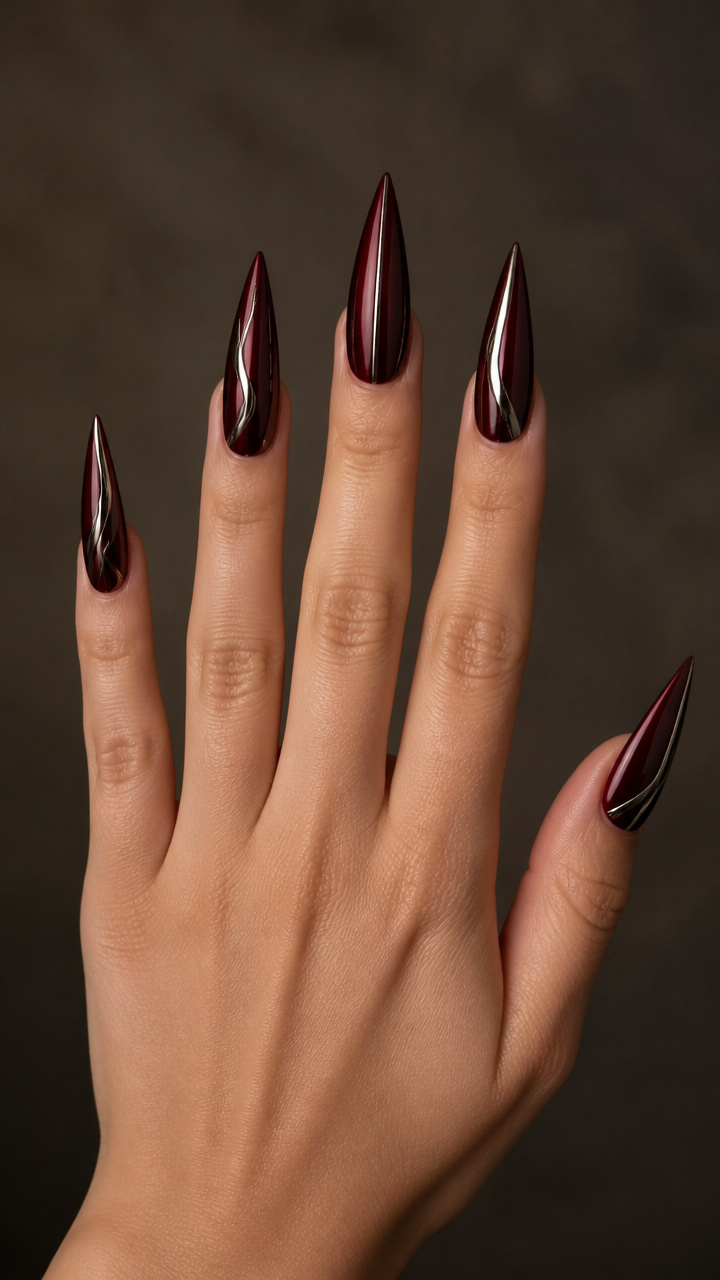 Black Cherry Stiletto Tips with Silver Accents