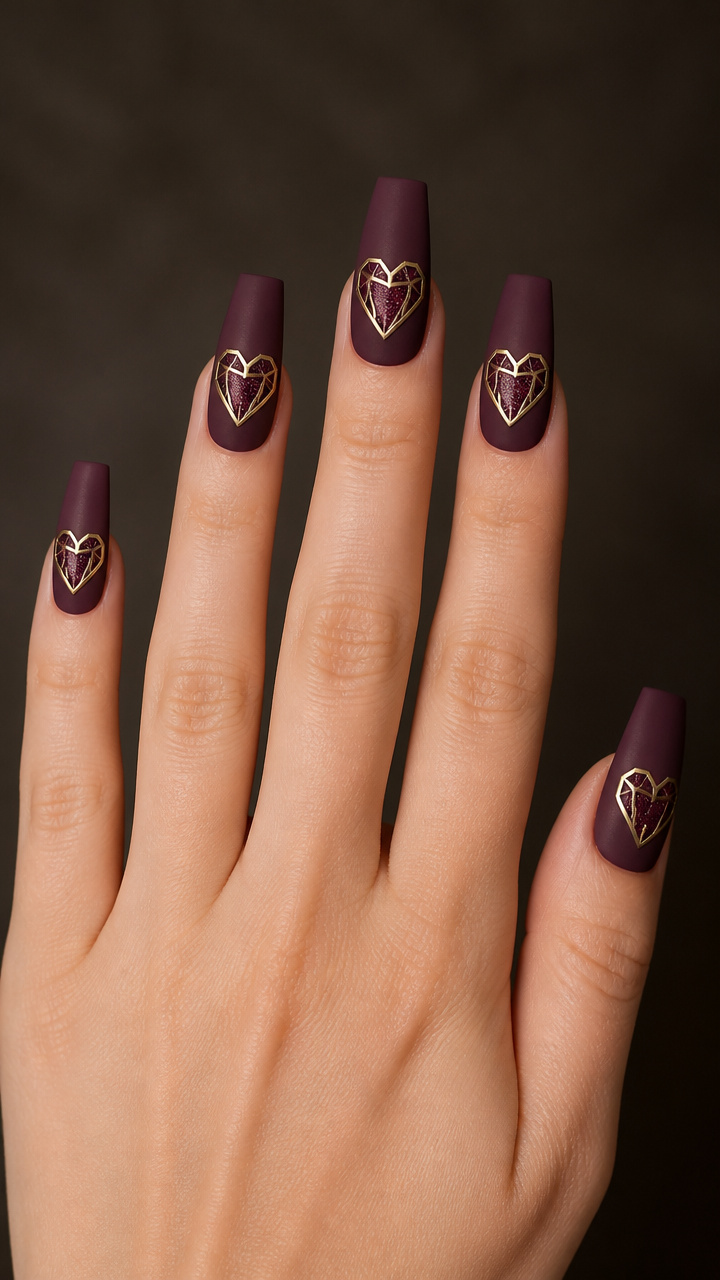 Matte Plum Coffin Nails with Gold Heart Cutouts
