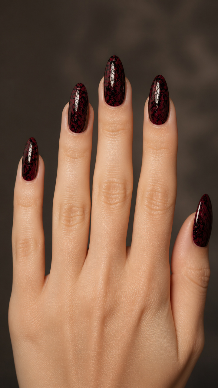 Gothic Lace Overlay on Deep Wine Nails