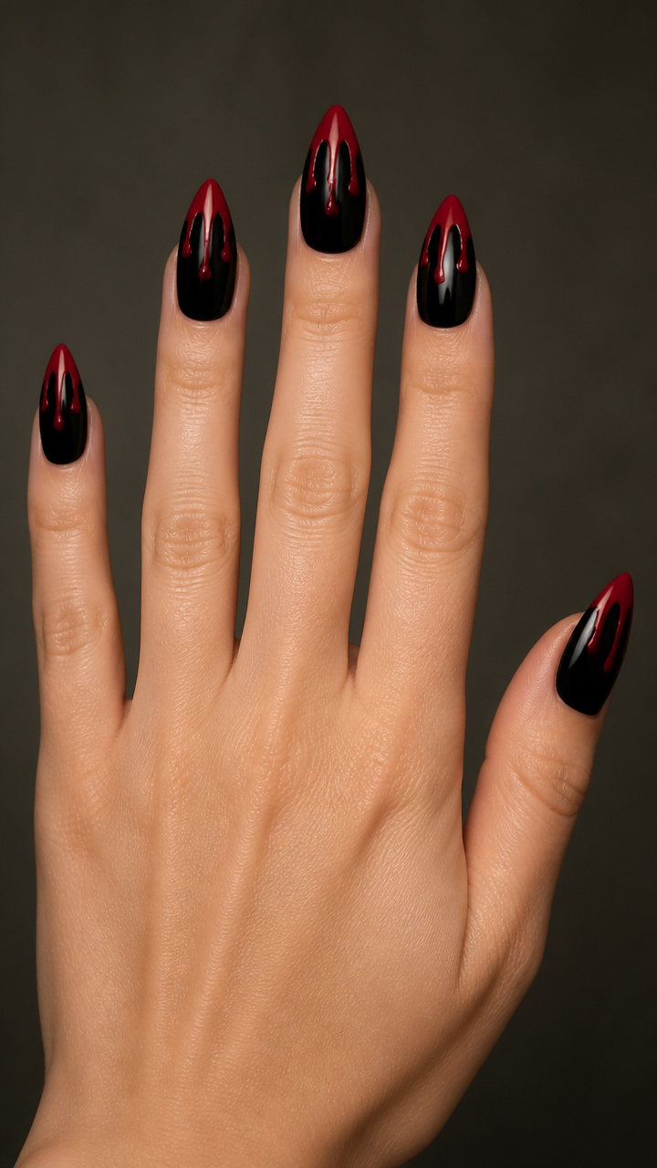 Blood Drop Drip Design on Black Almond Nails