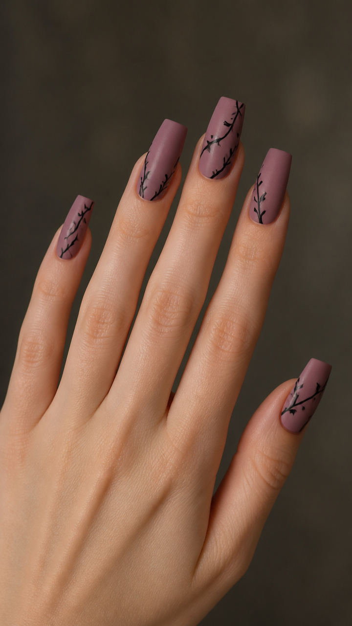 Dusky Rose Matte Square Nails with Thorn Vines
