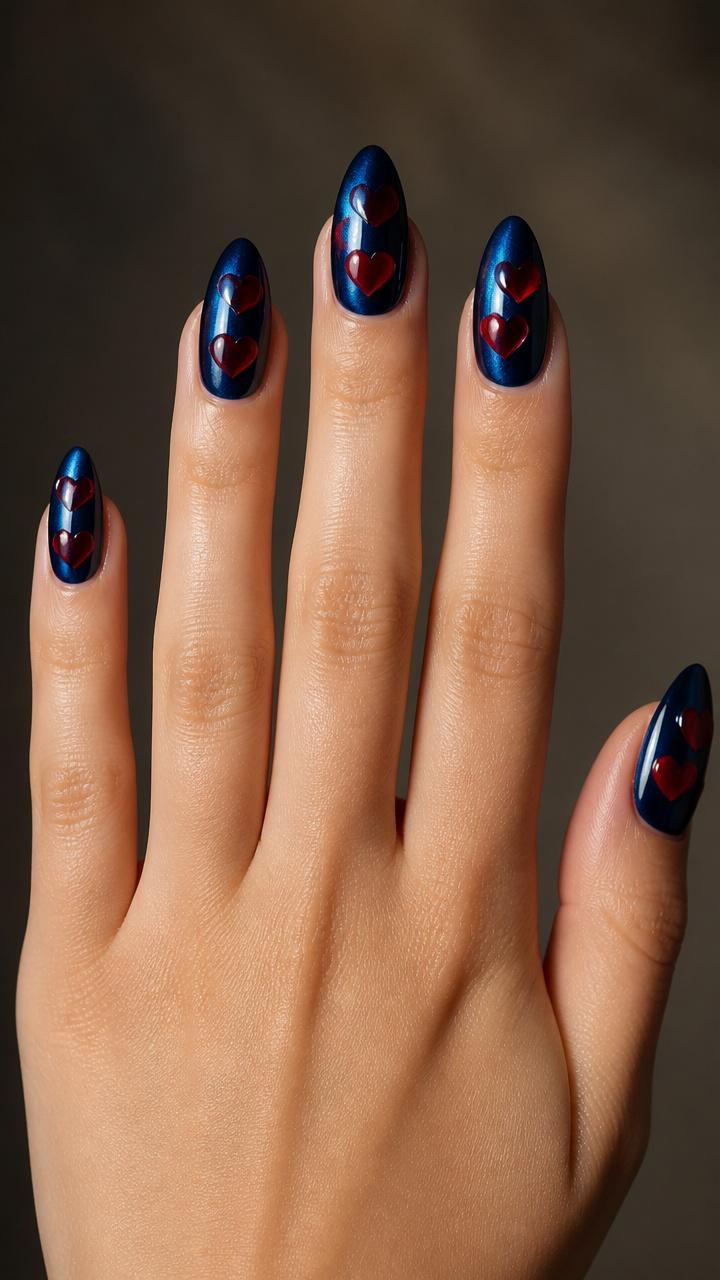 Midnight Blue Chrome with Floating Red Hearts