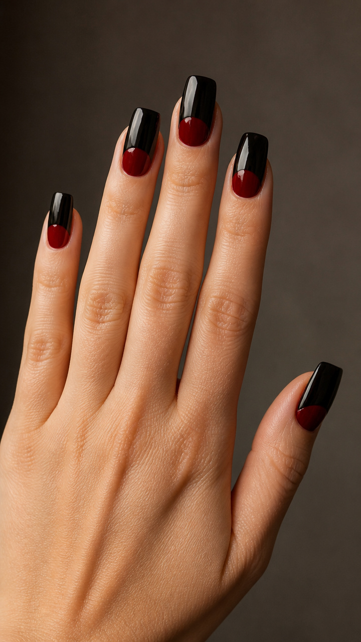 Two-Tone Black and Blood Red Half-Moon Nails