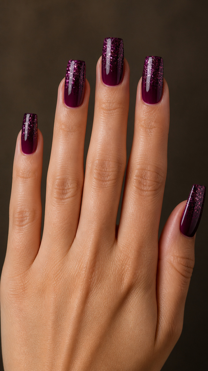 Dark Orchid Glitter Gradient with Sleek Square Tips