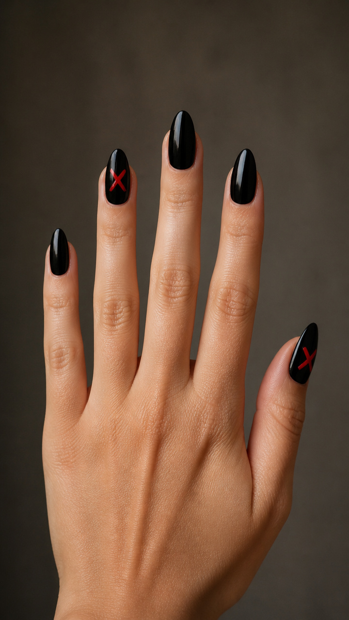 Jet Black Nails with Single Red X Markings