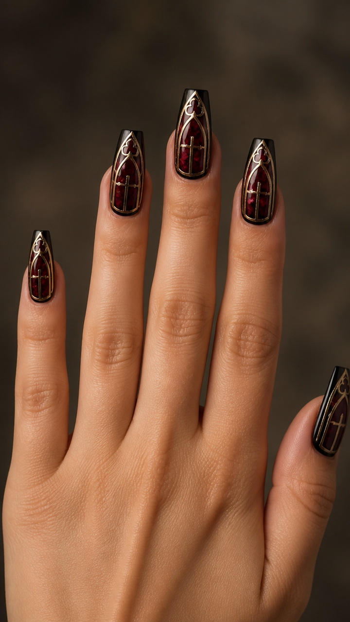 Coffin Nails with Gothic Window Frames and Red Infill