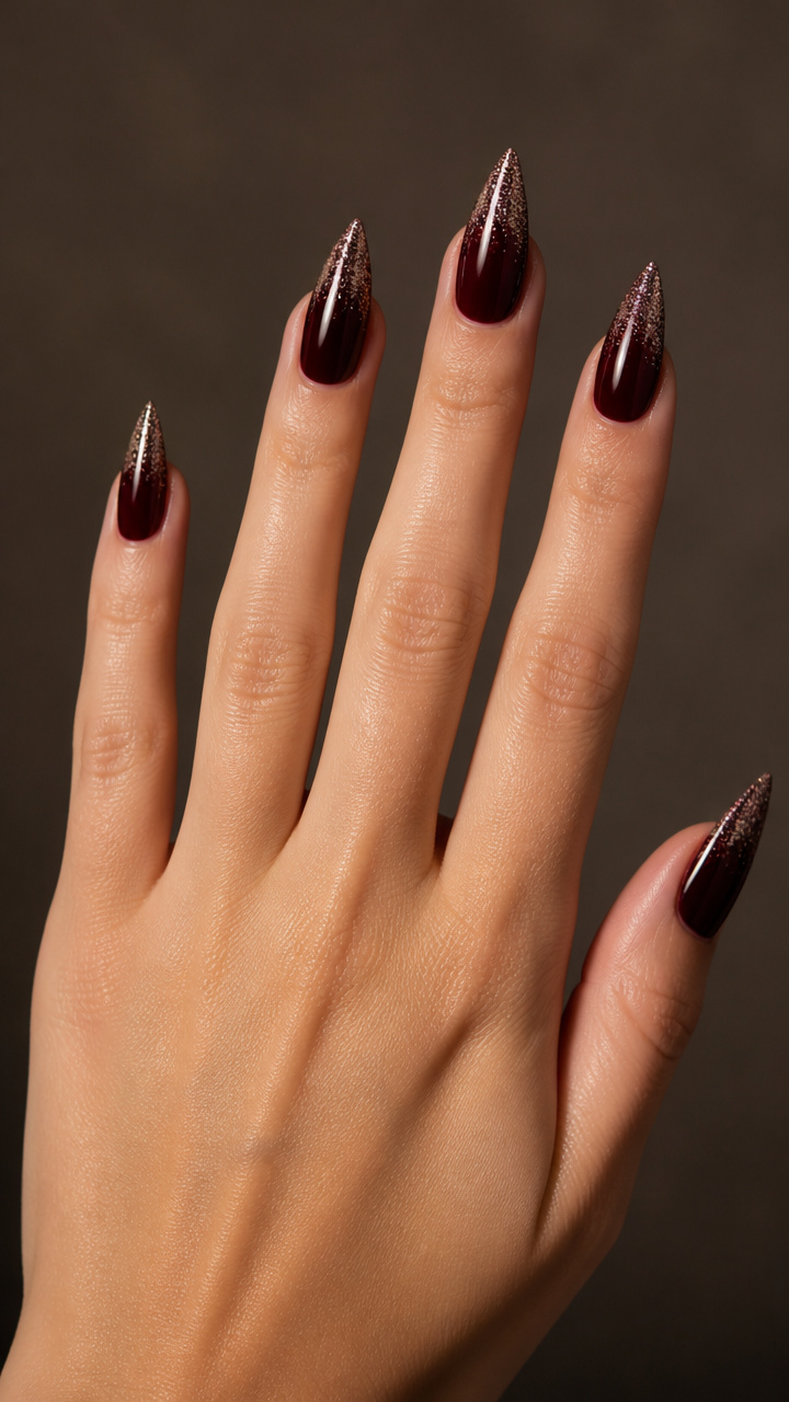 Black Cherry Stiletto Tips with Silver Micro Glitter