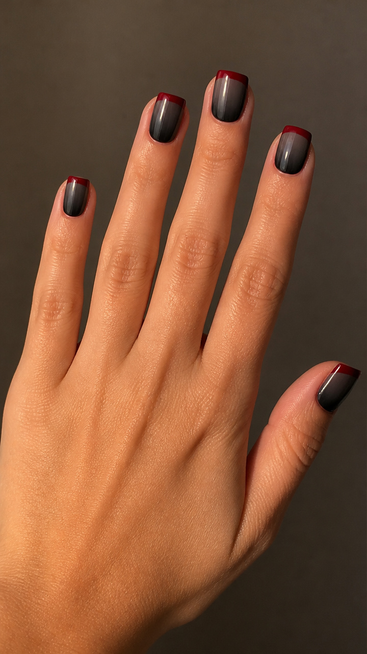 Charcoal Gray Ombré with Blood Red French Tip
