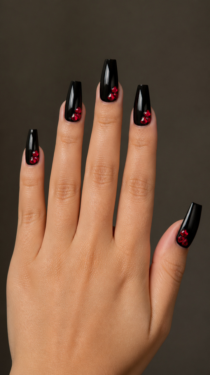 Coffin Cut Black Base with Heart-Shaped Rhinestones