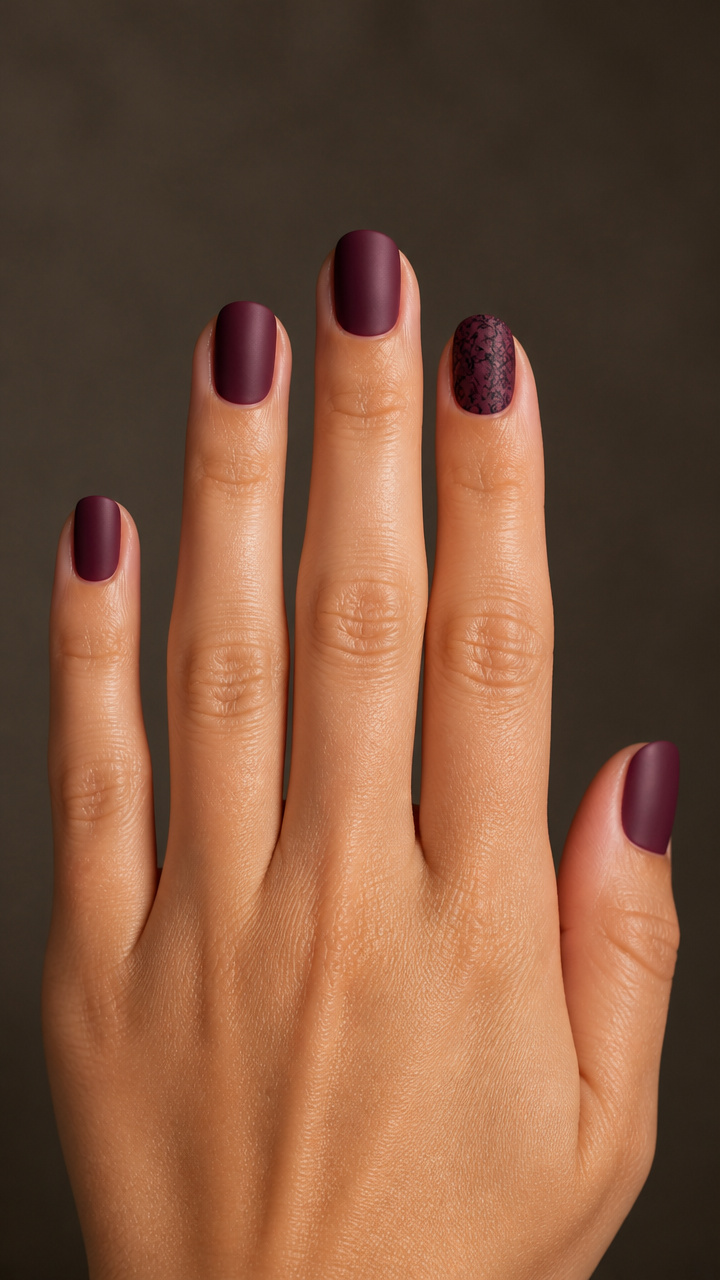 Dusky Plum with Lace Decals Across Accent Nail