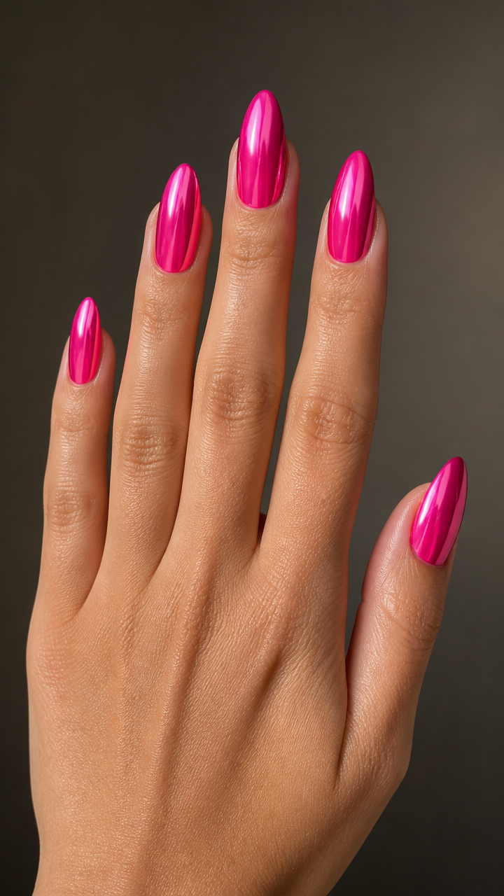 Hot Pink Chrome Almond Nails