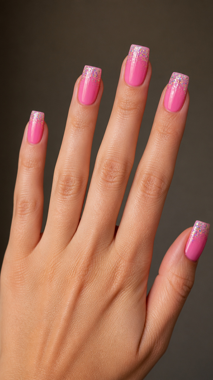 Candy Pink Glitter Tips on Square Nails