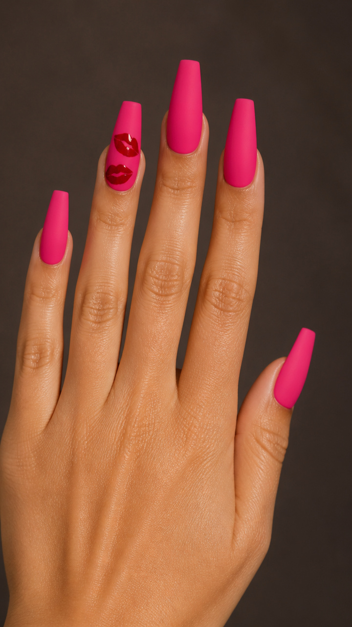 Matte Hot Pink Coffin Nails with Glossy Lips