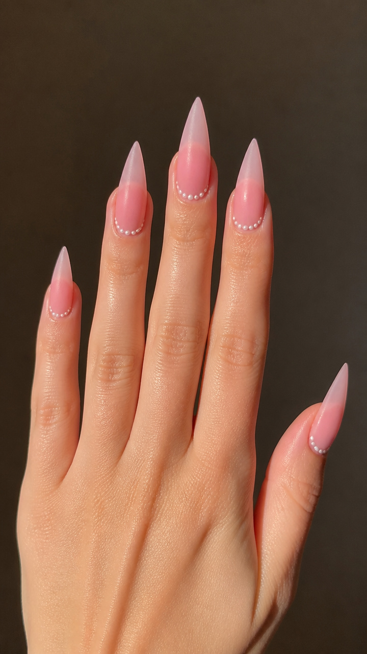 Frosted Pink Stiletto Nails with Icing Detail