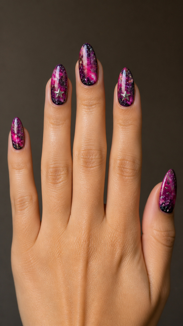 Pink Galaxy Nails with Star Studs