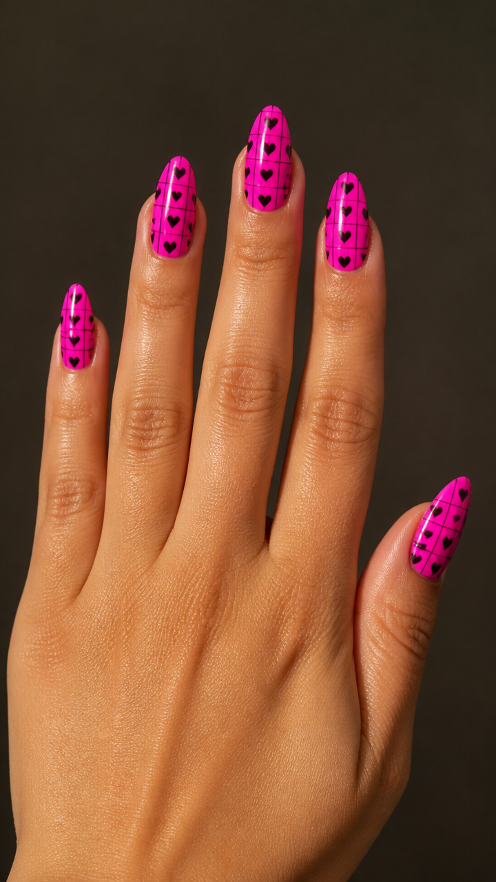 Neon Pink with Matte Black Heart Grid