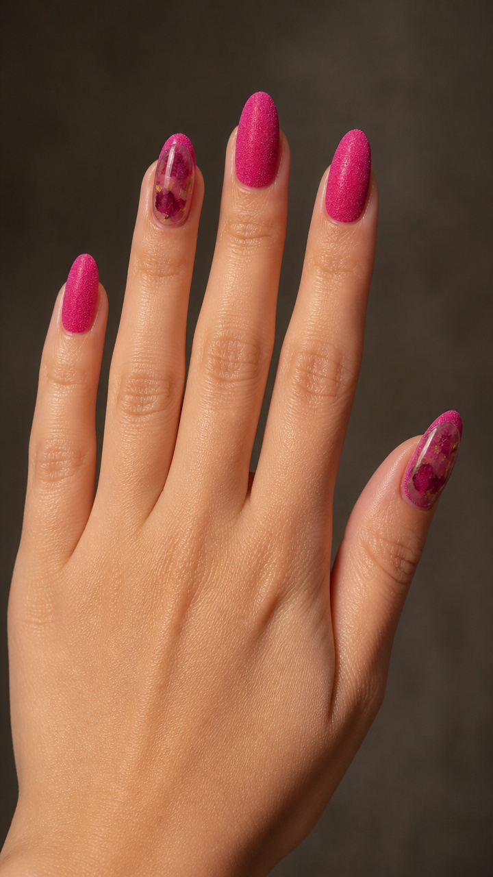 Hot Pink Velvet Nails with Rose Petals