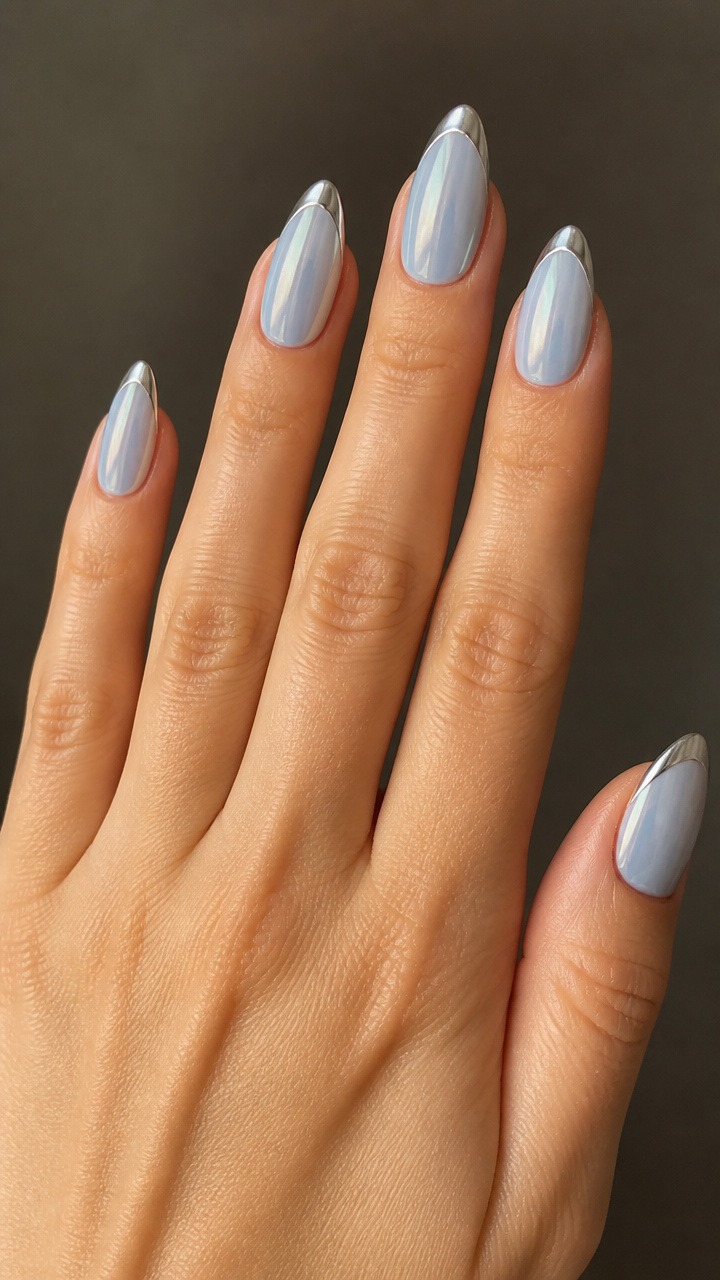 Frosted Sky Almond Nails with Chrome Accents