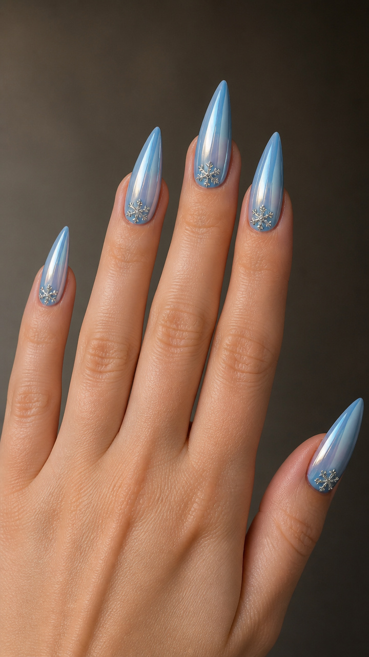 Chrome Ice Blue Stiletto Nails with Snowflake Studs