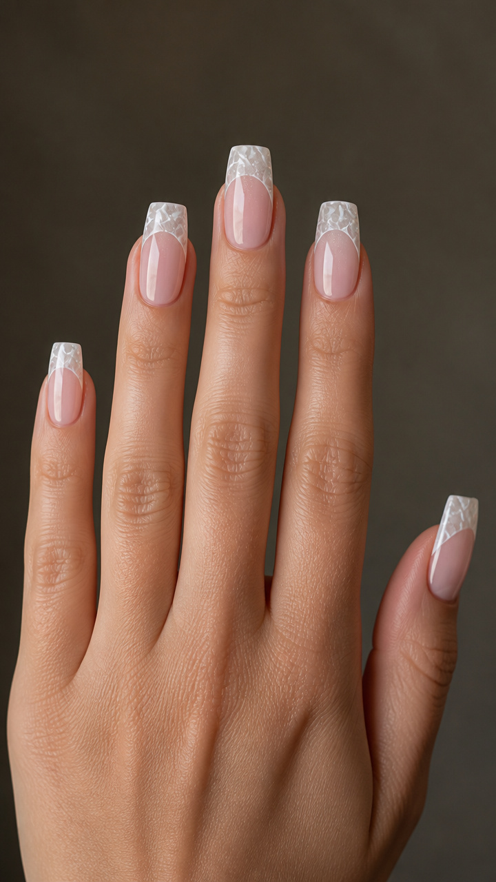 Arctic White French Tips with Ice Crackle Finish