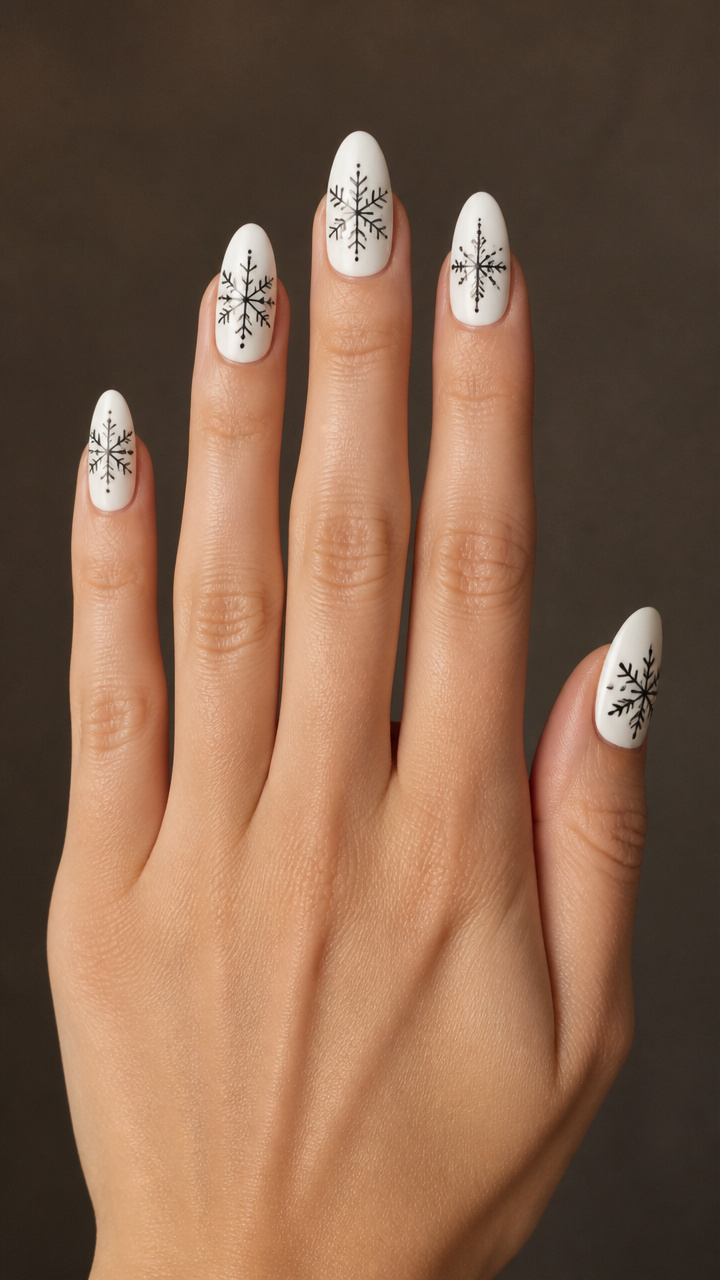 Matte White Nails with Hand-Drawn Snowflake Details