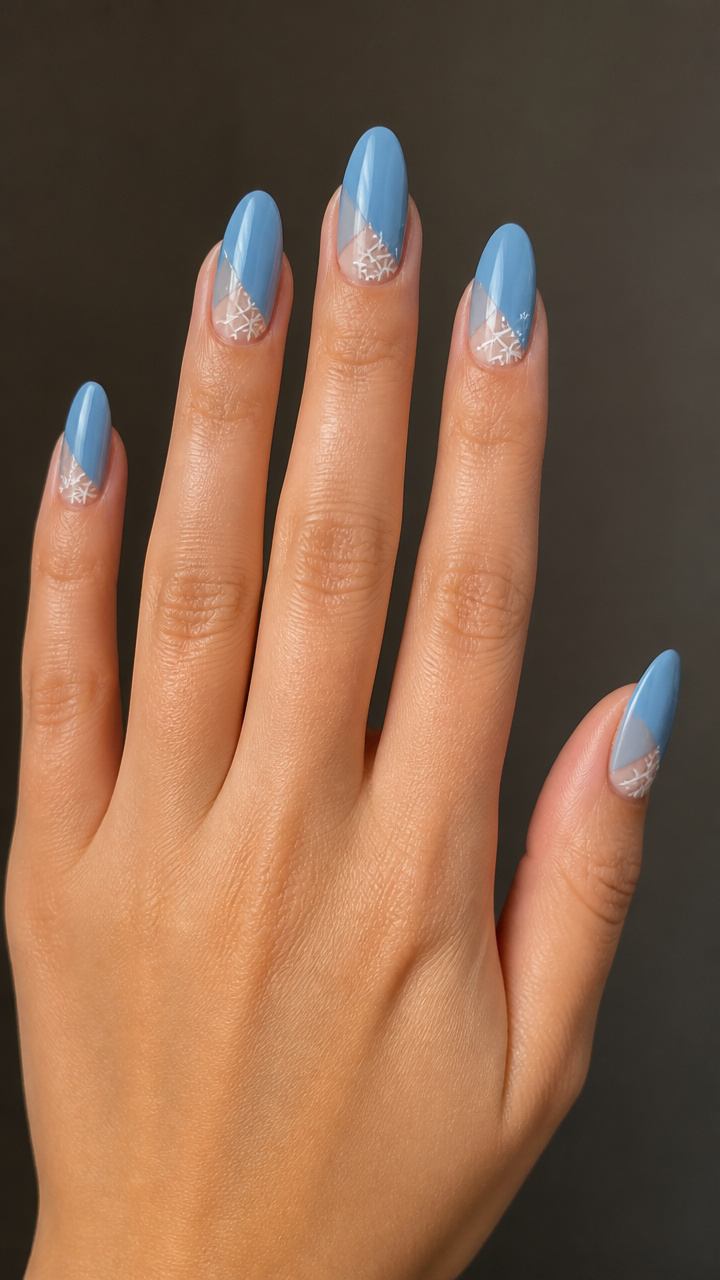 Negative Space Almond Nails with Snowflake Corners