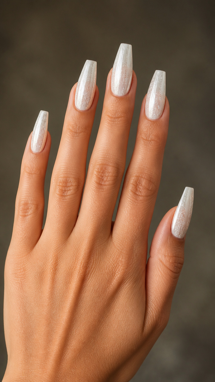 Chrome White Coffin Nails with Etched Snow Patterns