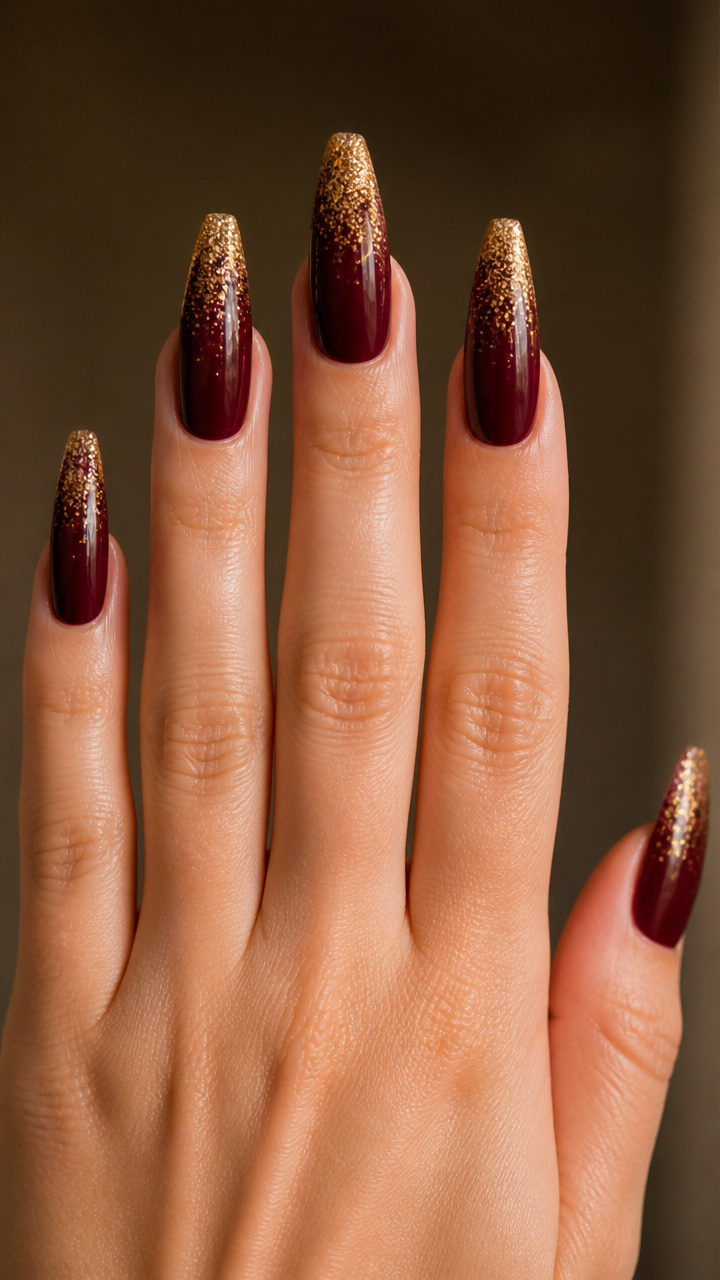 Deep Burgundy Coffin Nails with Gold Micro Glitter
