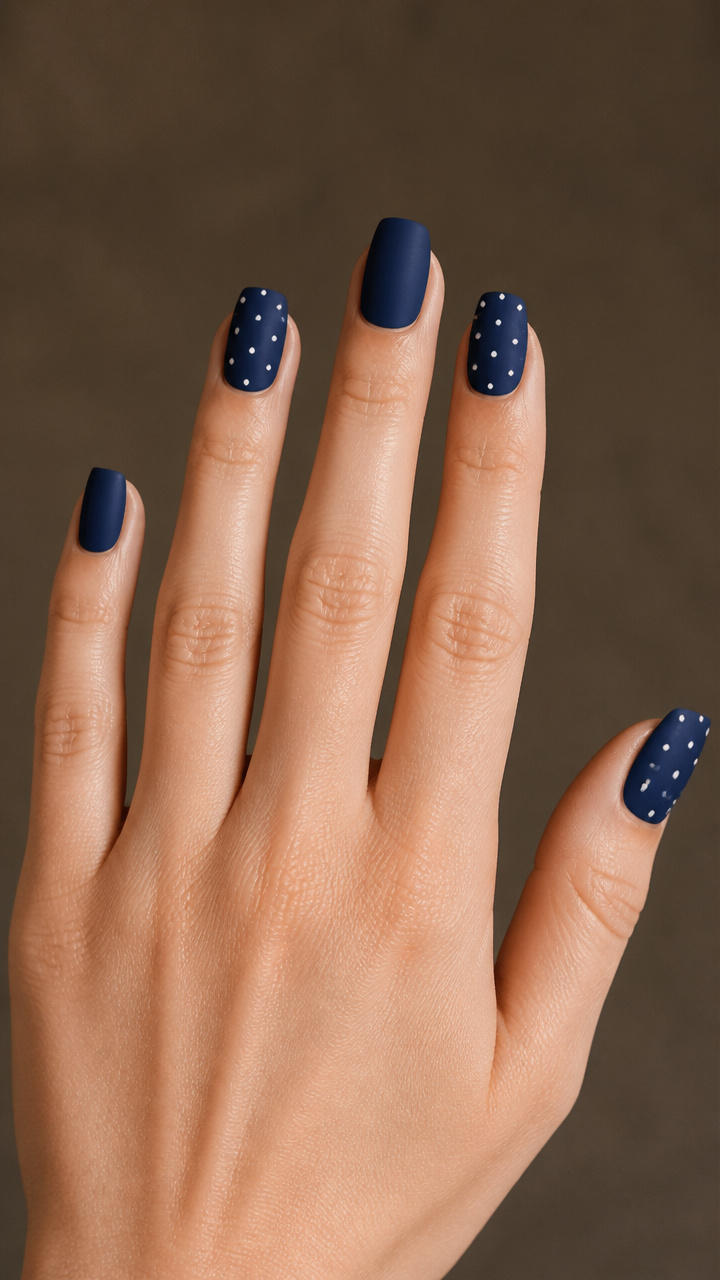 Matte Navy Blue Square Nails with White Dot Accents