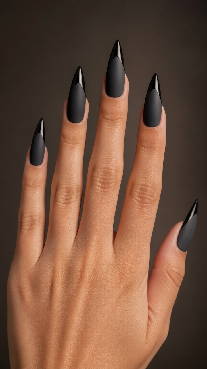Charcoal Gray Stiletto Nails with Glossy Tips