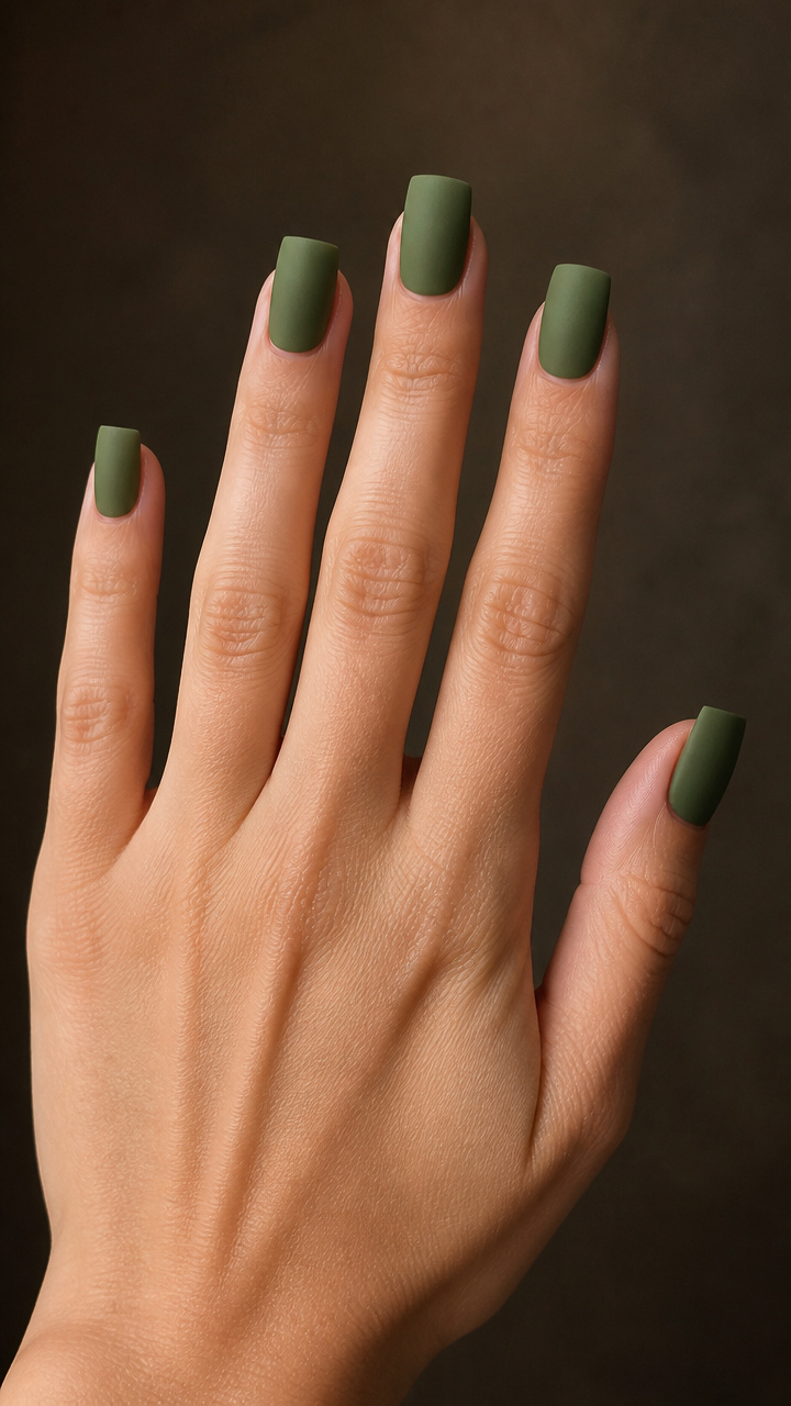 Moss Green Square Nails with Matte Finish