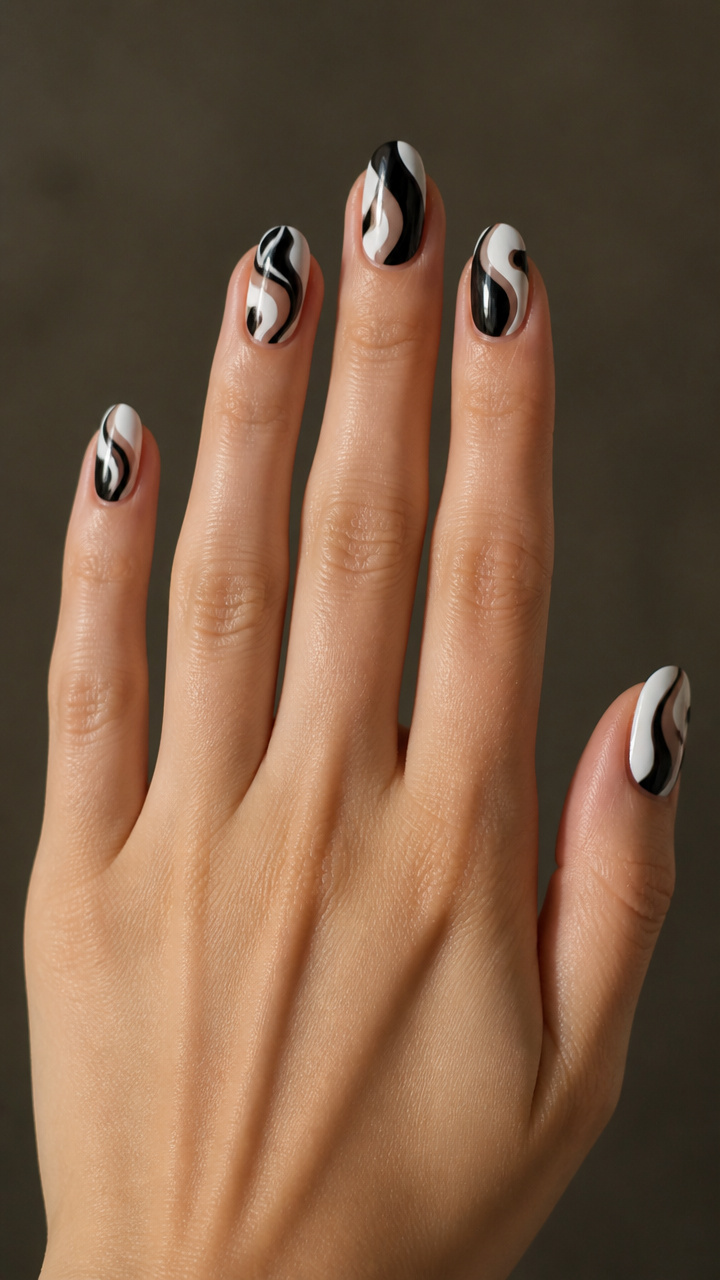 Black and White Abstract Swirls on Short Oval Nails
